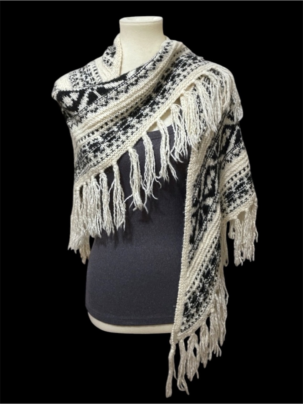 VTG Polo Ralph Lauren Southwest Knit Triangle Wrap Shawl Scarf cream black GUC